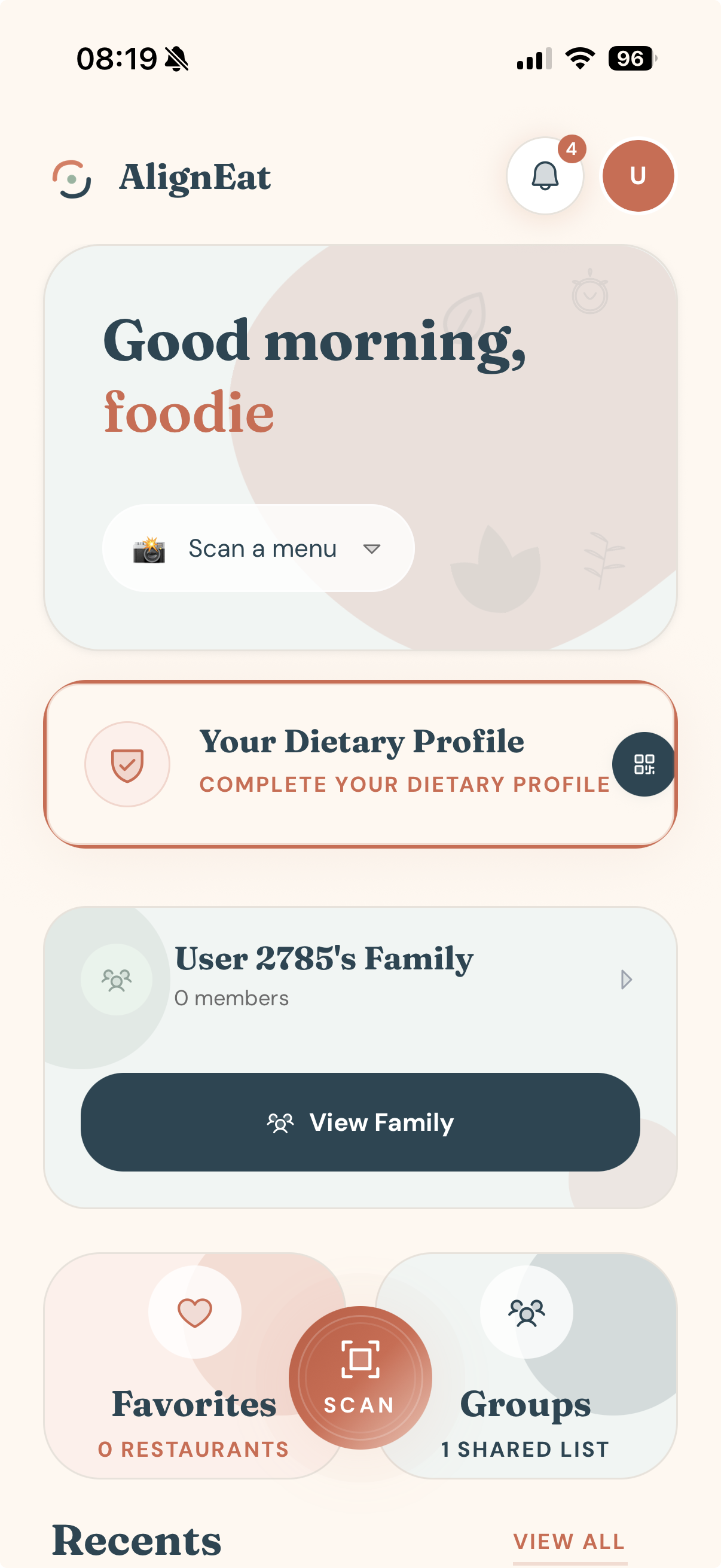 AlignEat app home screen showing scan menu and dietary profile cards
