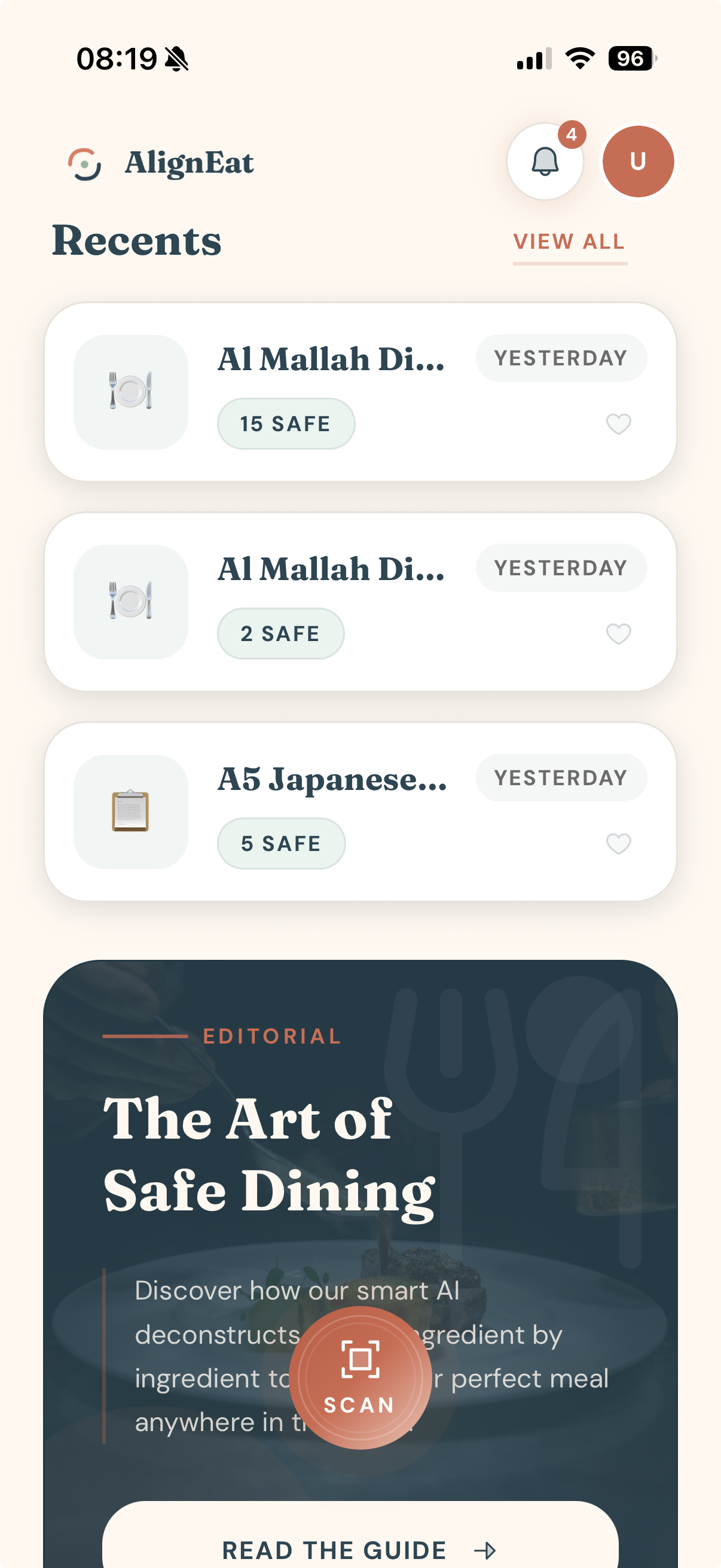 AlignEat app recents and editorial safe dining screen