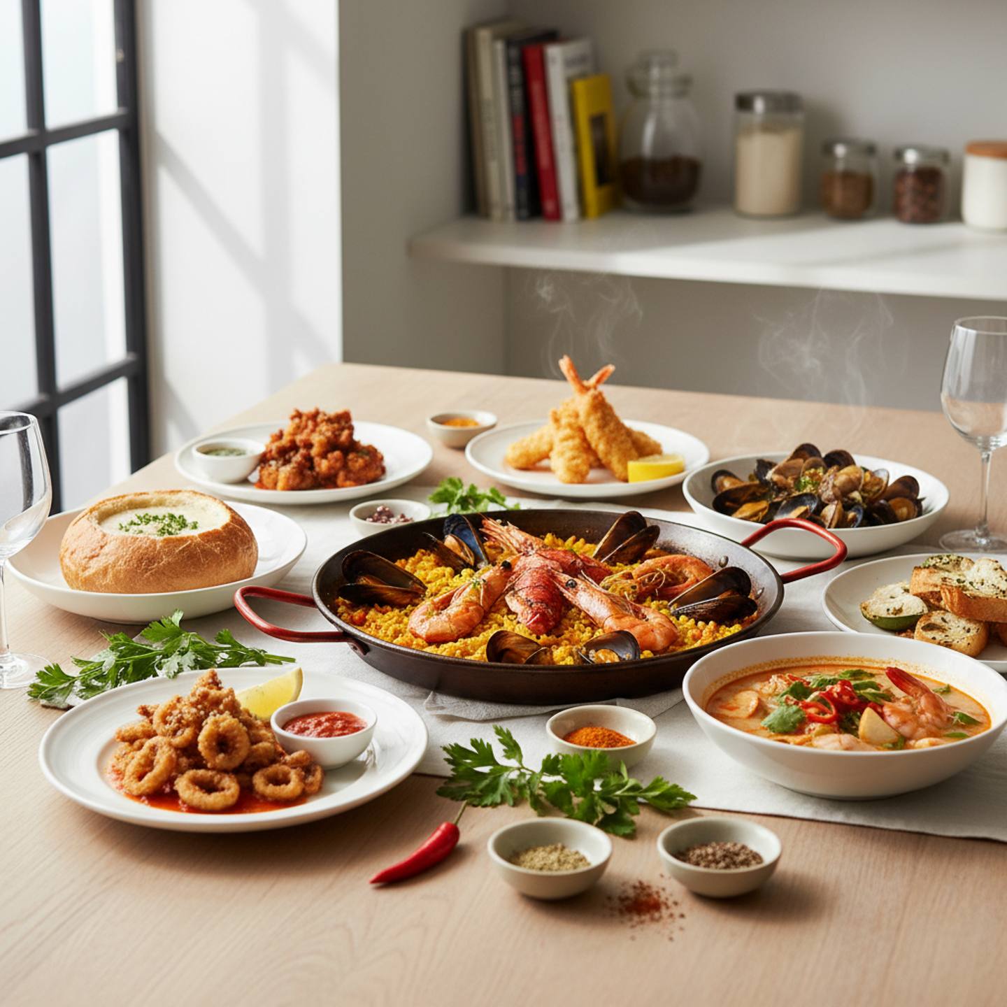 Assorted shellfish dishes from global cuisines illustrating shellfish allergy cross-contamination by cuisine risks for diners