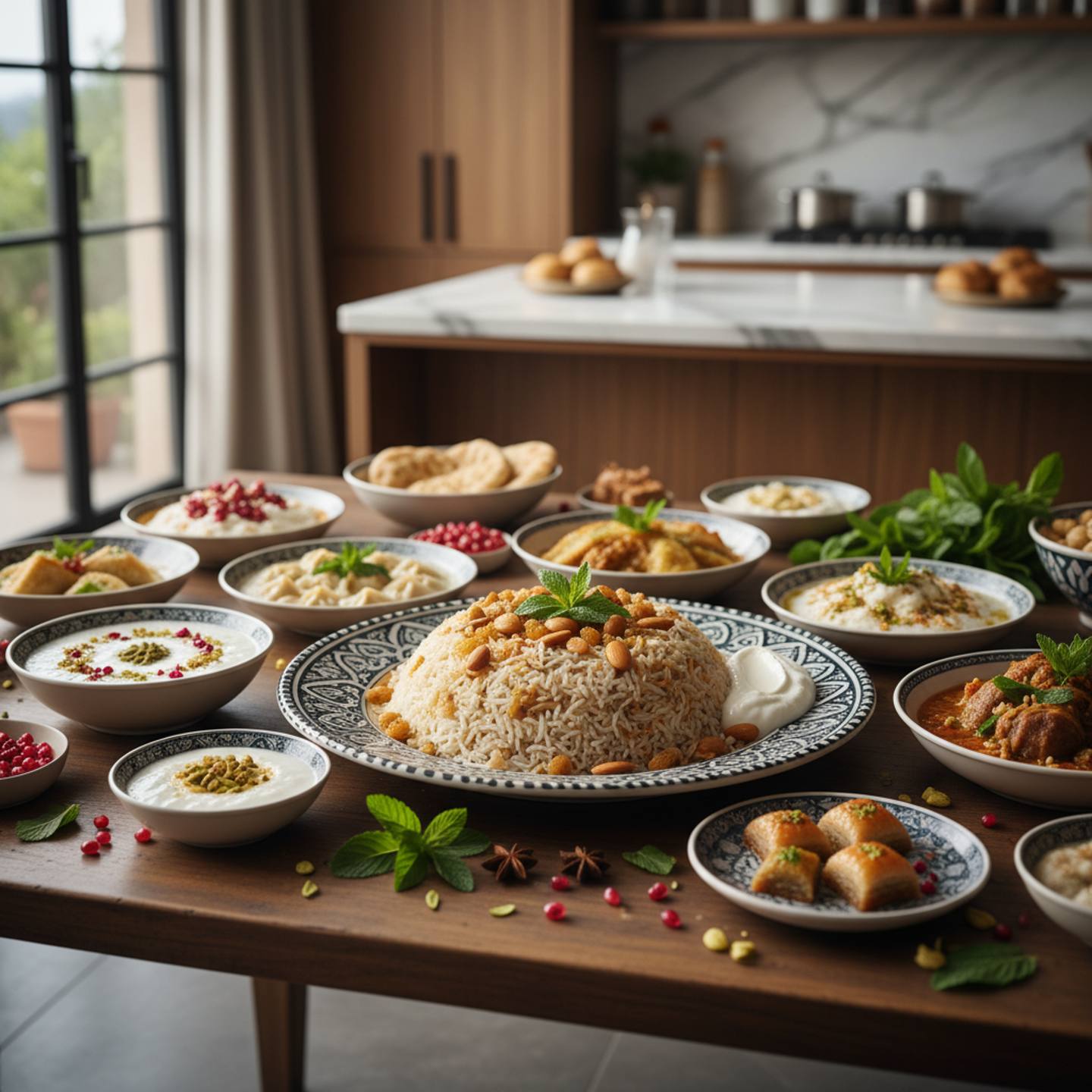 A vibrant spread of Middle Eastern dishes that may contain hidden dairy in Middle Eastern cuisine, including dips and breads