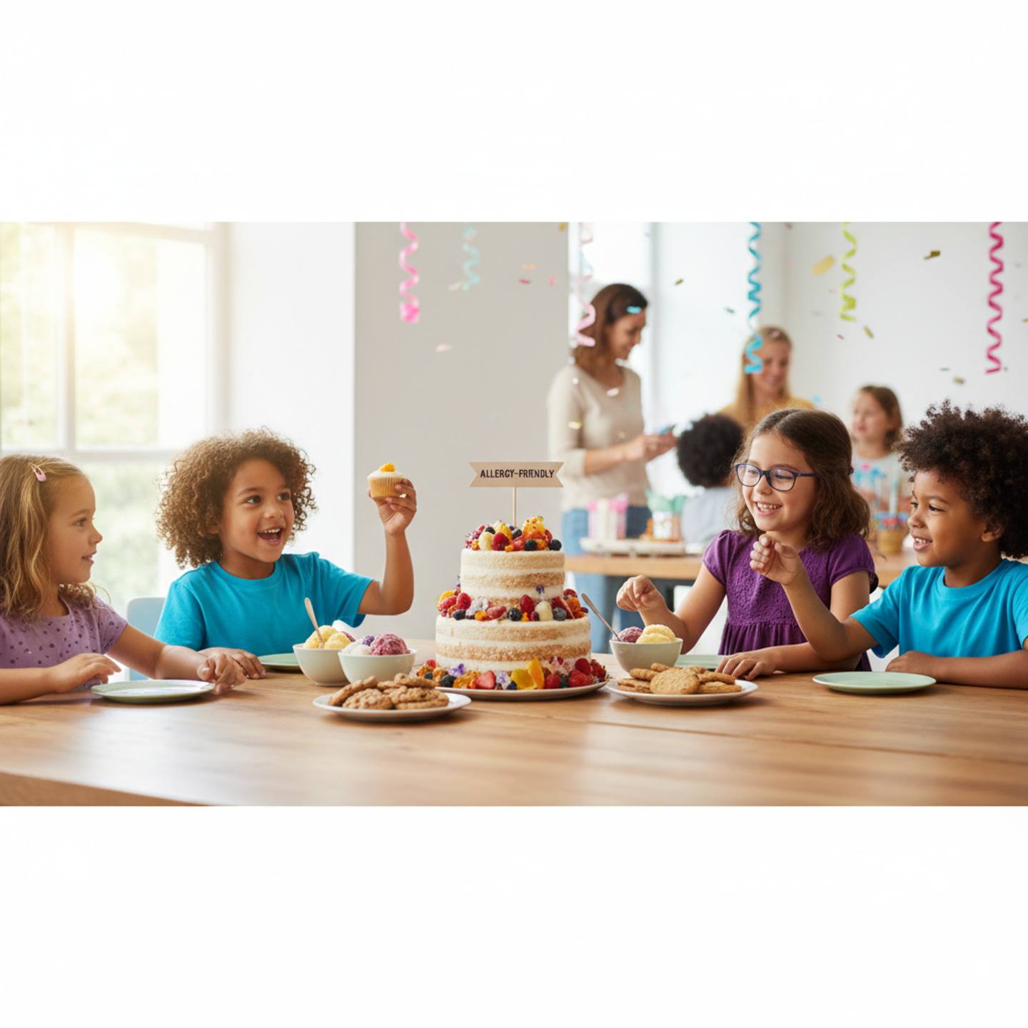 Children celebrating at a birthday party with allergy-friendly cake, showing how diet restrictions kids face can be managed safely