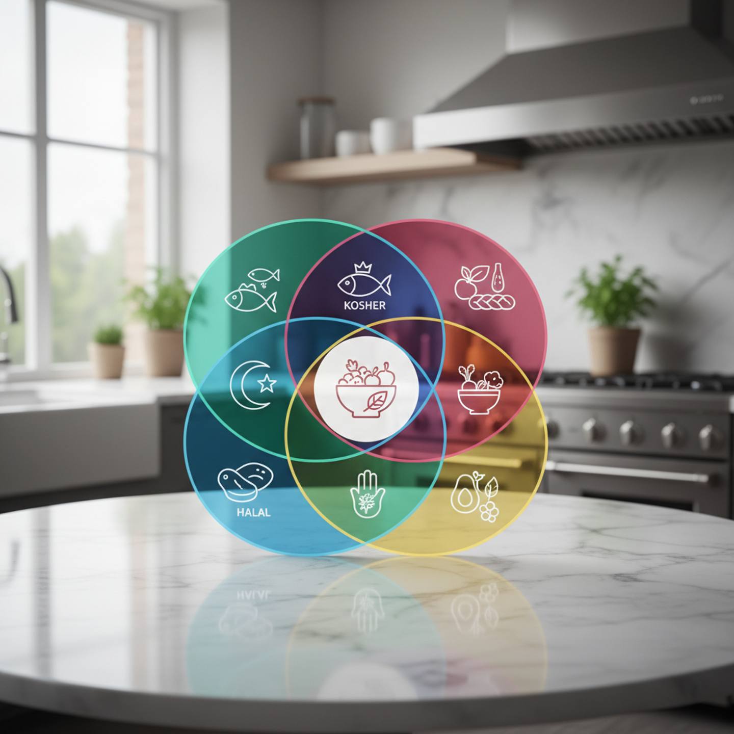 Venn diagram illustrating the halal kosher Jain vegan overlap with shared food symbols across four dietary traditions