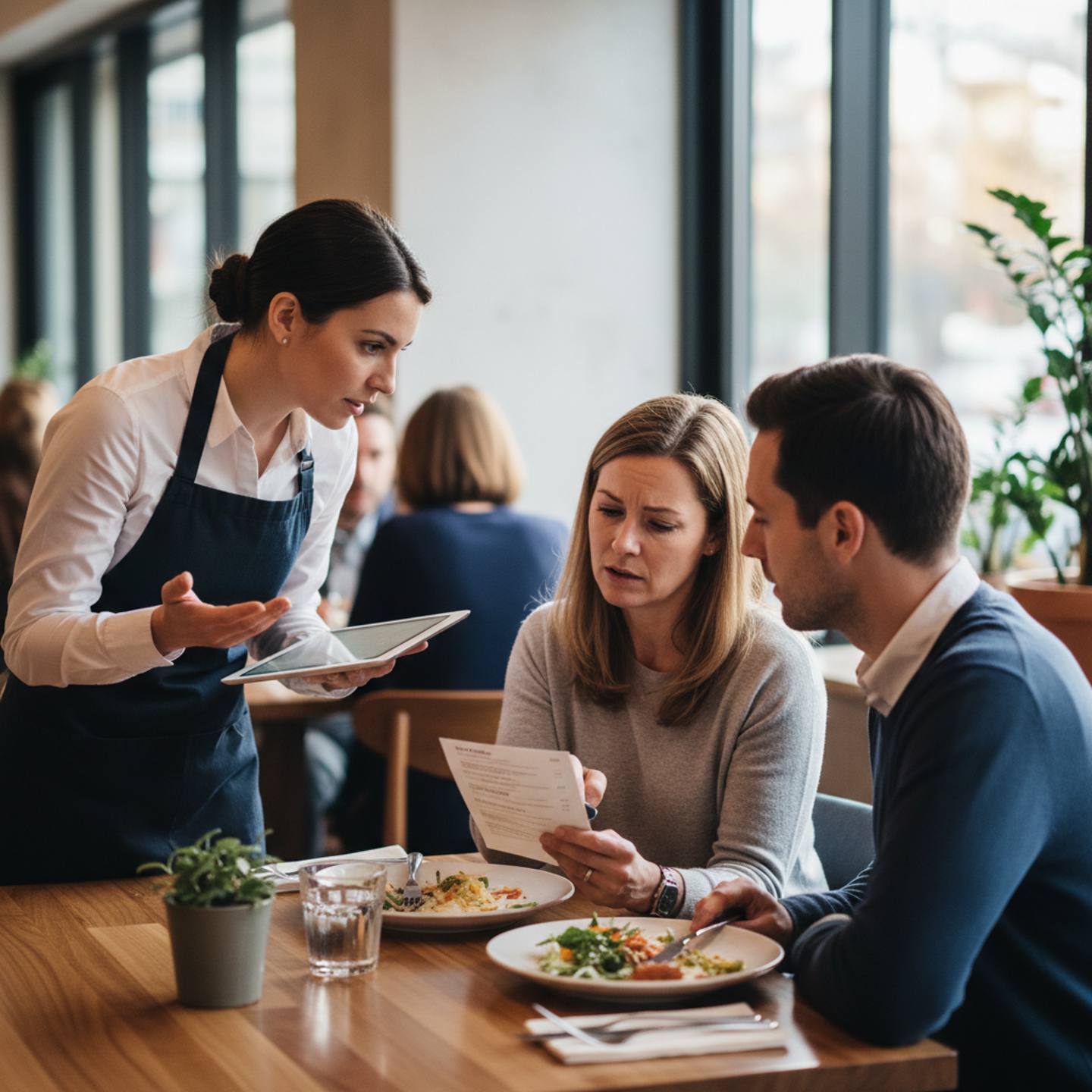 A server and diner in conversation at a restaurant table, highlighting how staff allergen mistakes communication can put diners at risk