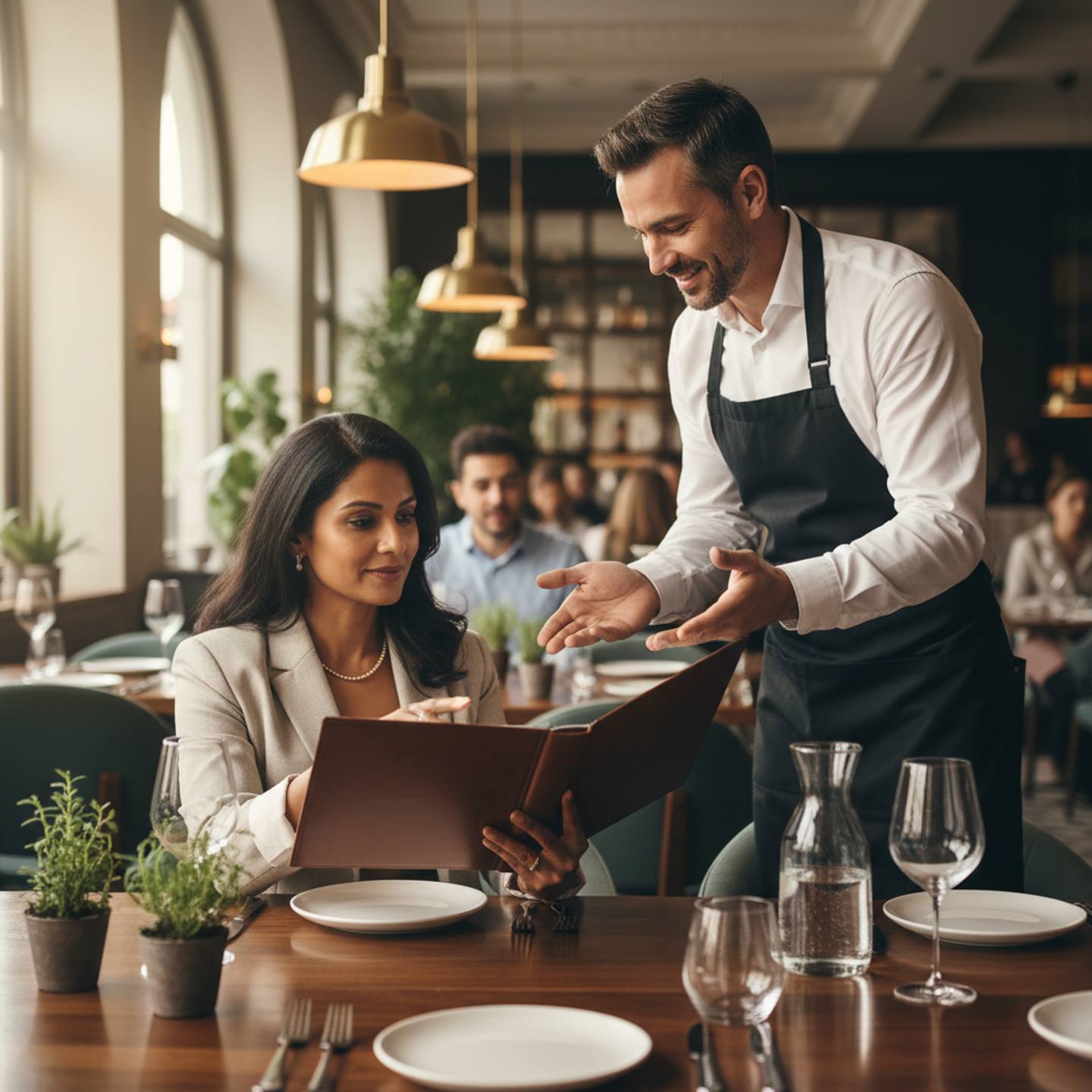 A Jain diner reviewing a restaurant menu with confidence, following a Jain dining out restaurant guide for safe choices