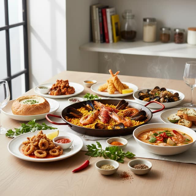 Assorted shellfish dishes from global cuisines illustrating shellfish allergy cross-contamination by cuisine risks for diners