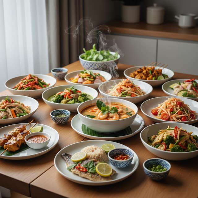 Colorful Thai food spread on a table, ideal for navigating Hashimoto Thai food thyroid autoimmune dietary needs