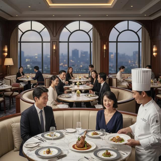 Diners and a chef presenting a plated dish in an upscale fine-dining restaurant