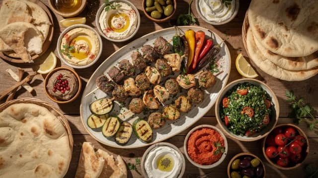 A Middle Eastern mezze spread of grilled meats, flatbreads, and dips