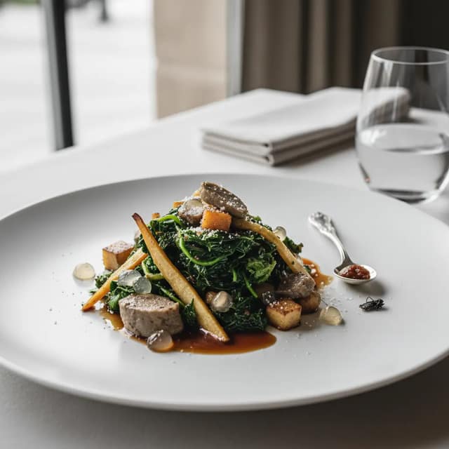 A plated restaurant dish of greens and mushrooms on a white plate